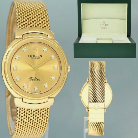MINT Rolex Cellini Champagne Diamond Dial Yellow Gold 37mm Mesh Watch Box